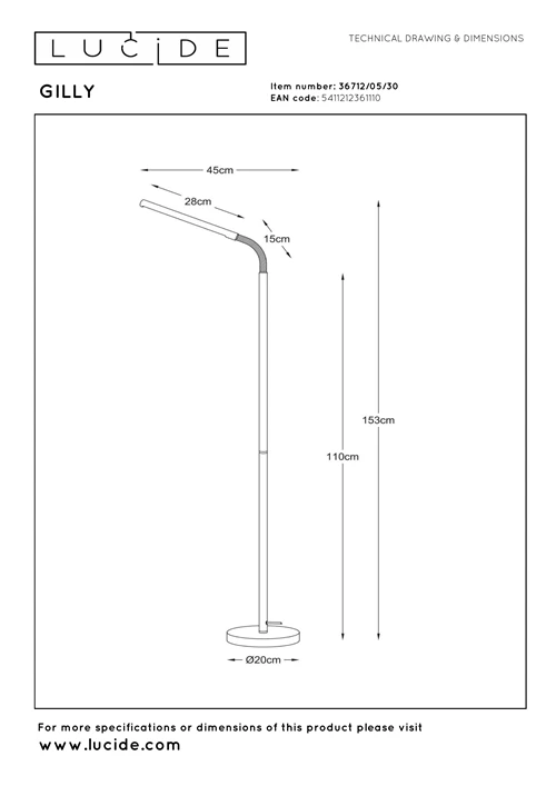 Lucide GILLY - Floor reading lamp - LED - 1x6W 2700K - Black - technical